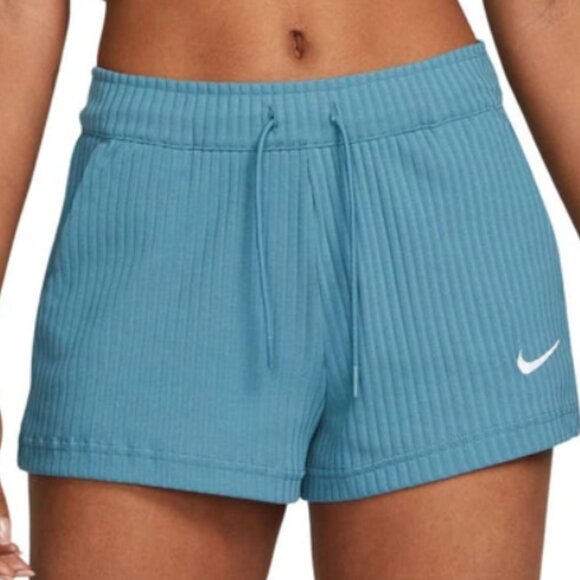 Nike Women's Sportswear High-Waisted Ribbed Jersey Shorts - Blue L - Picture 1 of 5